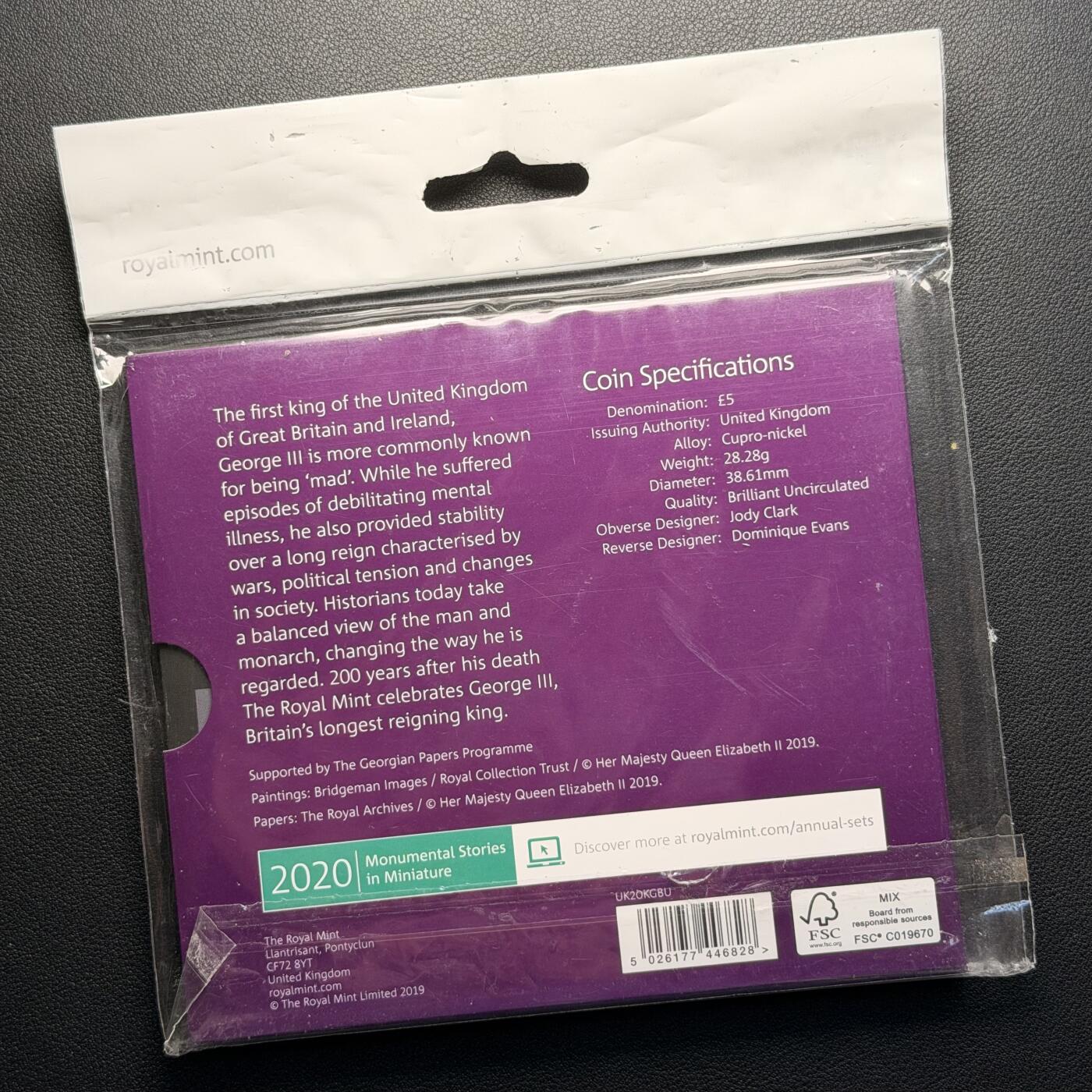 ＜星葵钱币社＞散币克朗场第68期·1月23日发货 英国2020年乔治三世逝世200周年5镑卡装克朗型纪念币