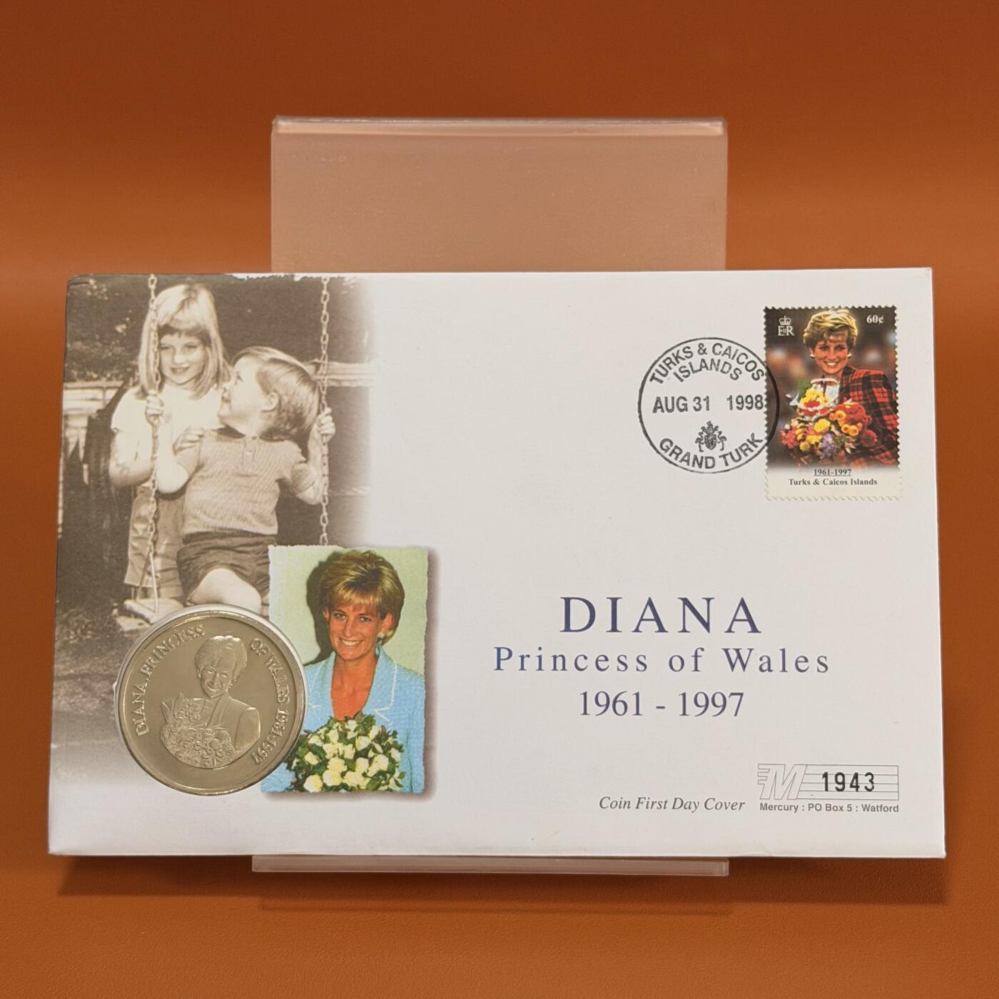 ＜星葵钱币社＞散币克朗场第68期·1月23日发货 〈邮币封〉特克斯和凯科斯群岛1998年戴安娜王妃5克朗纪念币