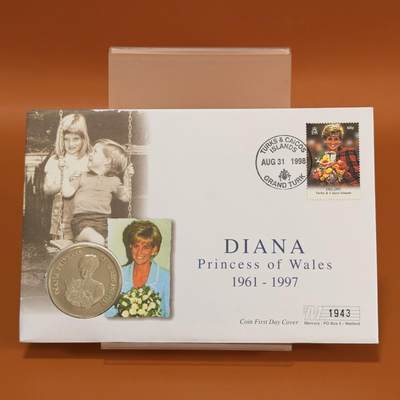 ＜星葵钱币社＞散币克朗场第68期·1月23日发货 - 〈邮币封〉特克斯和凯科斯群岛1998年戴安娜王妃5克朗纪念币