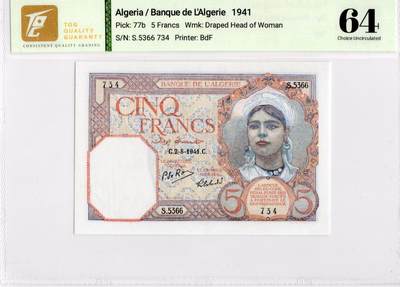 喜羊羊钱币收藏2026第14期(评级币场) - 	阿尔及利亚	P-77b 1941年5法郎			64				S.5366 734			