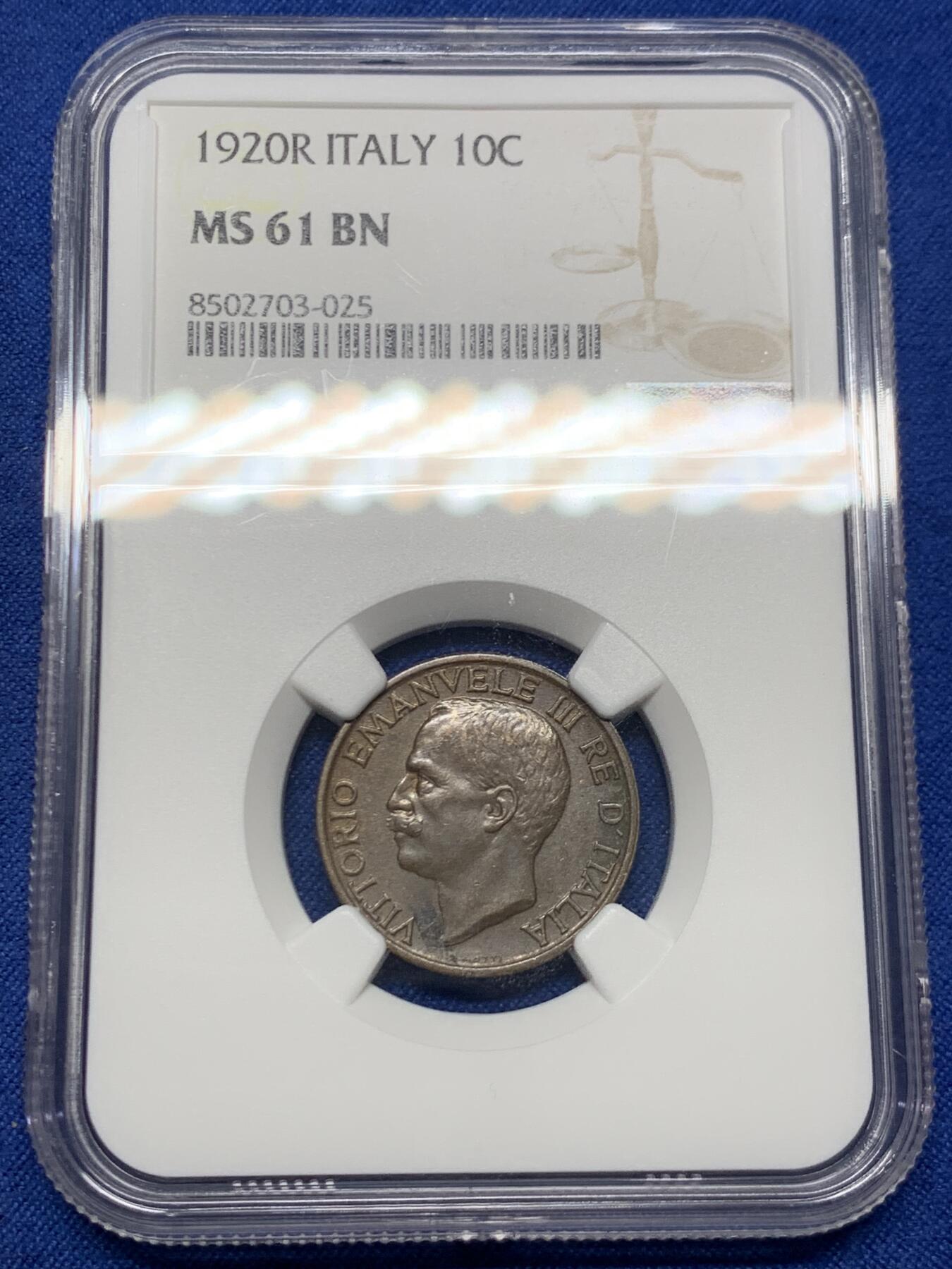 《竞宝斋》第459场 周日，周一，2场连拍 （全场包邮）欢迎送拍 NGC MS61BN 意大利小蜜蜂1920年10分，古典主义风格代表作品，极美的设计，原铜光不容易