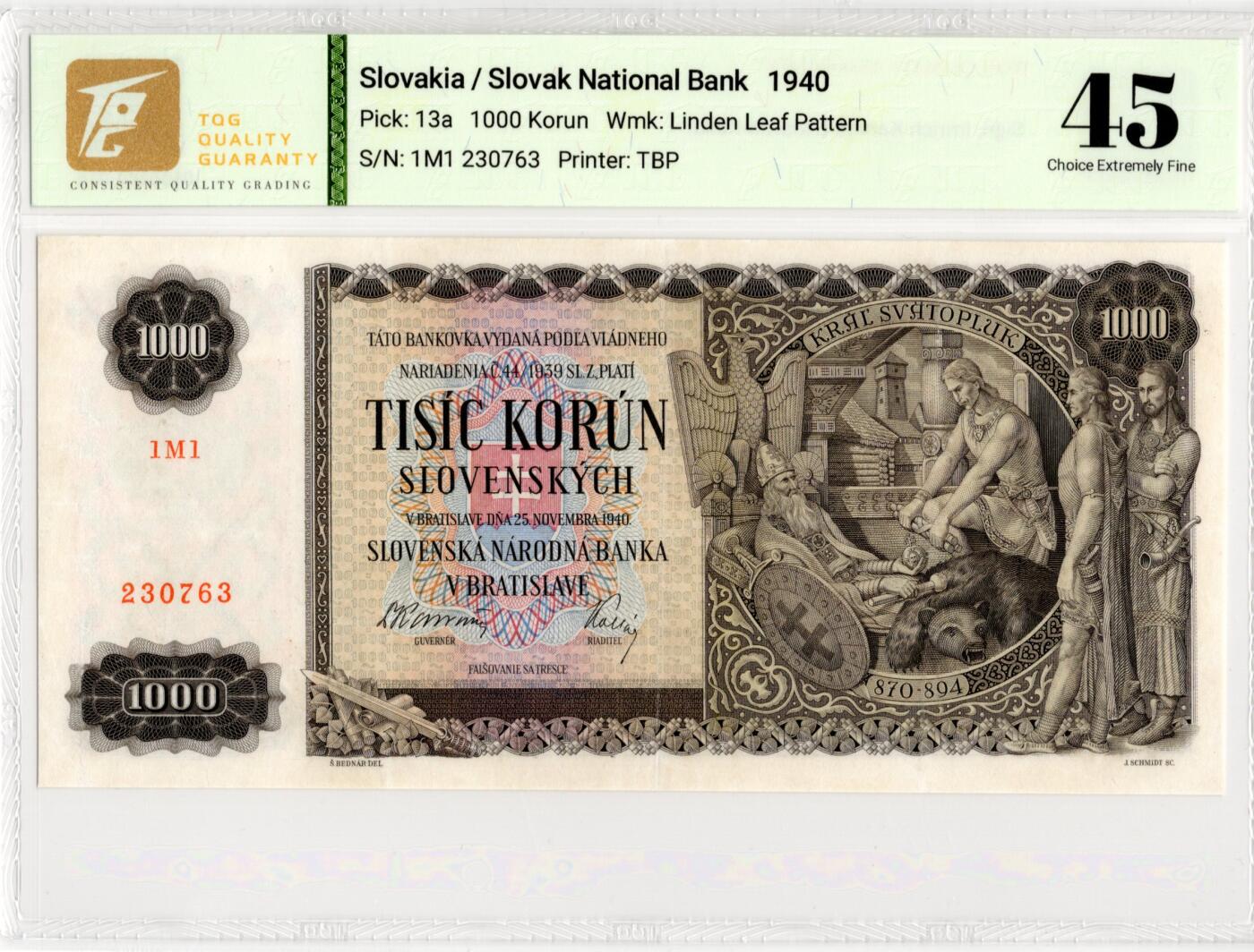 喜羊羊钱币收藏2026第13期(高性价比评级币场) 	斯洛伐克	P-13a 1940年1000克朗		45				1M1 230763			