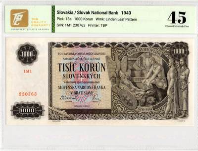 喜羊羊钱币收藏2026第13期(高性价比评级币场) - 	斯洛伐克	P-13a 1940年1000克朗		45				1M1 230763			