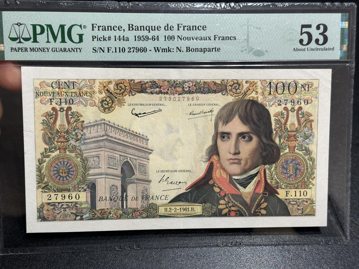 《外钞收藏家》第六百零三期（精选场）（本平台长期征集拍品、欢迎藏友们联系合作） 1961年法国100法郎 拿破仑 PMG53