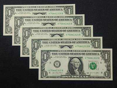 【游宝拍卖】乙巳蛇年第109期 佣金1元起 - 美国-1美元【五连号 全新UNC/UNC-】