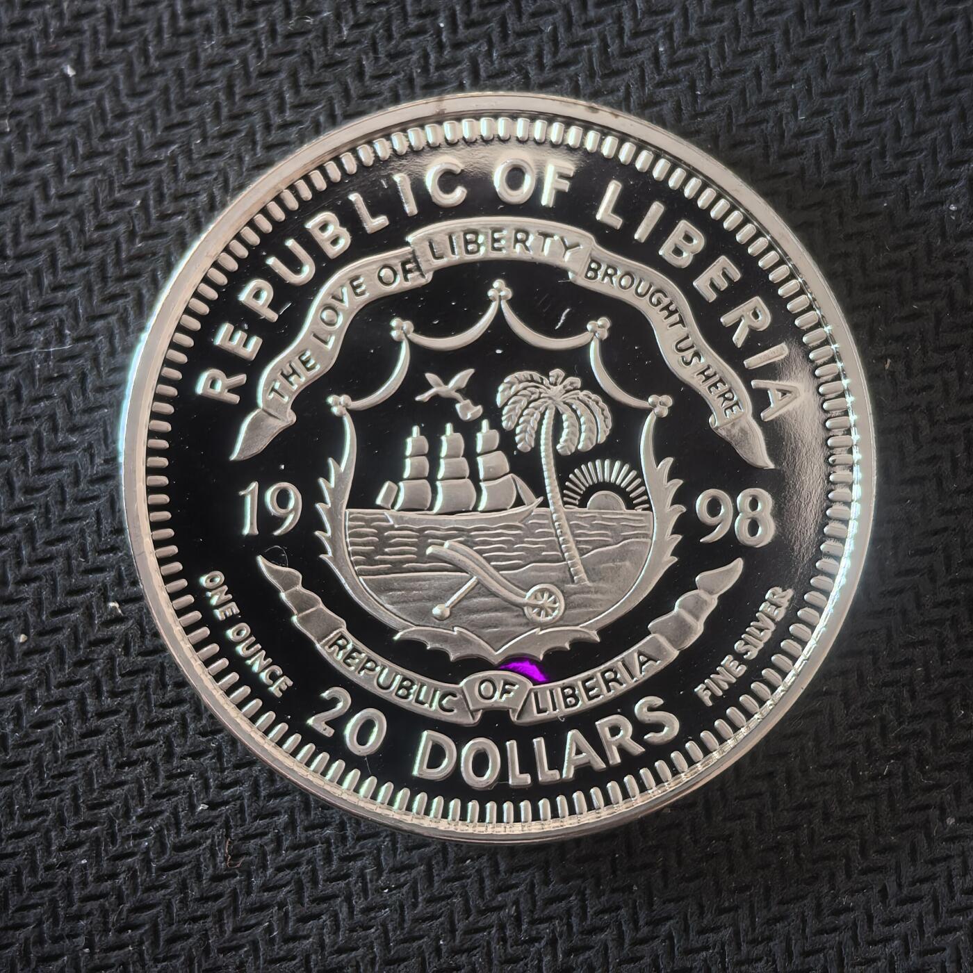 道一币馆币章第一百六十四场 利比里亚1998年中国戊寅虎年20元精制银币  31.1g 999s