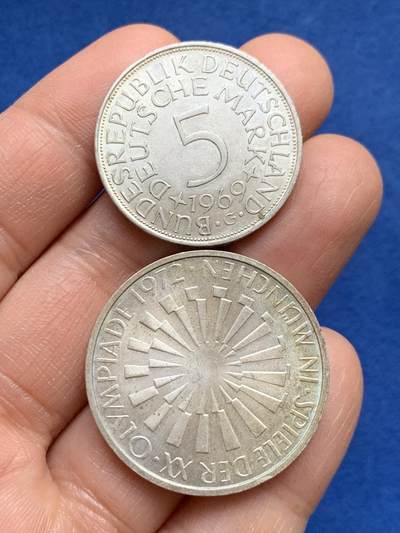 《竞宝斋》第459场 周日，周一，2场连拍 （全场包邮）欢迎送拍 - 两枚一组 德国1969G无毛鹰5马克银币 625银 11.2克 + 1972年慕尼黑奥运会10马克银币 625银 15.5克