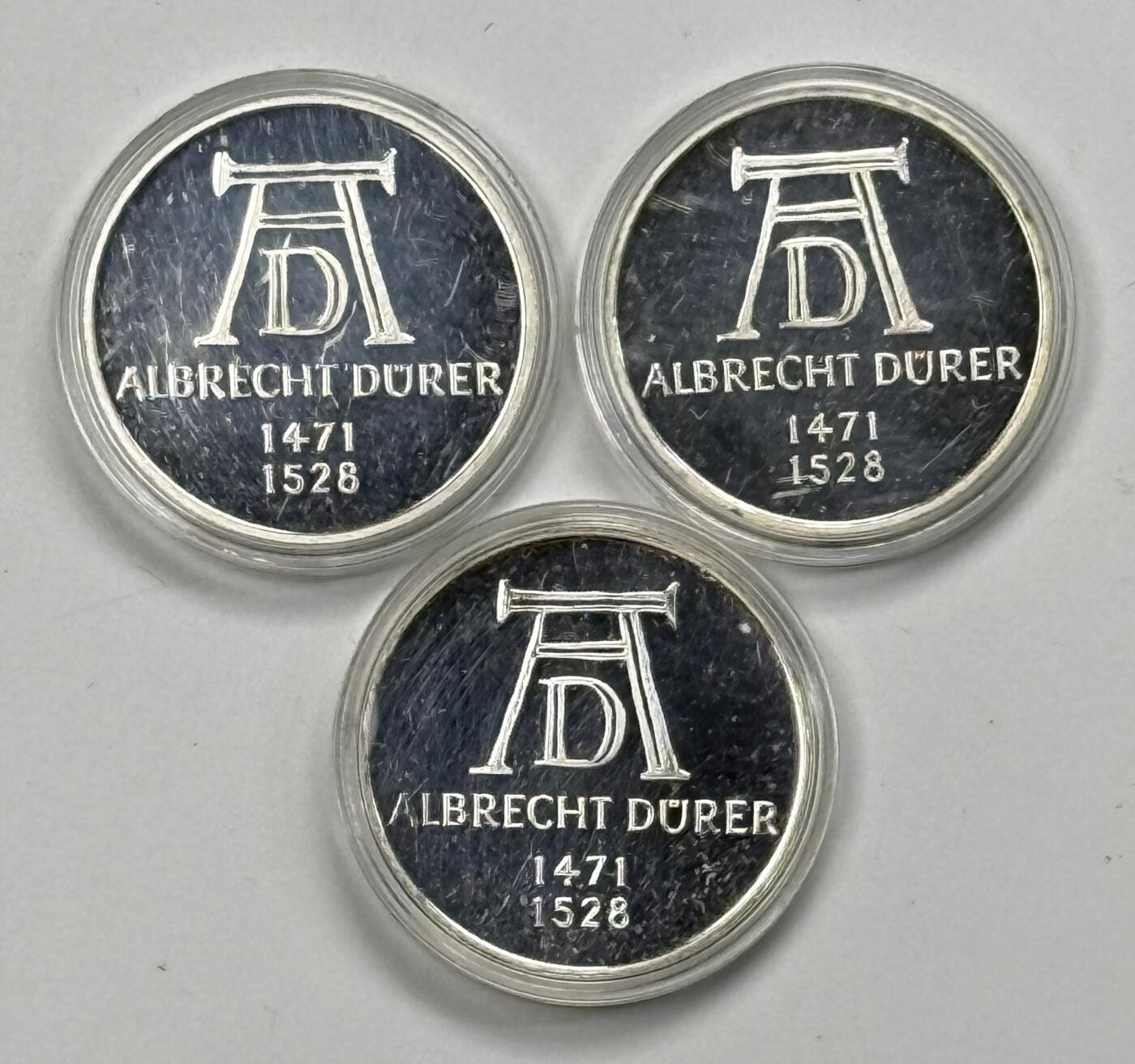 S&S Numismatic世界钱币-拍卖 第119期  3枚一起-德国1971年 阿尔布雷希特·丢勒诞辰500周年 5马克精制纪念银币，3枚合计33.6克625银，品相如图