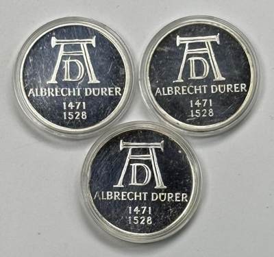 S&S Numismatic世界钱币-拍卖 第119期  - 3枚一起-德国1971年 阿尔布雷希特·丢勒诞辰500周年 5马克精制纪念银币，3枚合计33.6克625银，品相如图