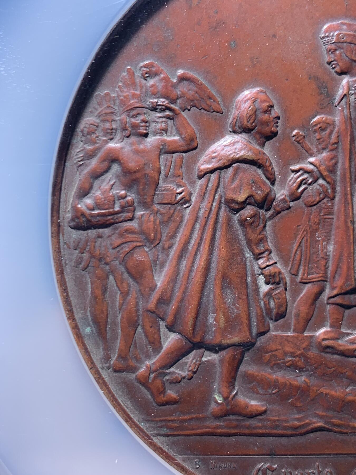 《竞宝斋》第459场 周日，周一，2场连拍 （全场包邮）欢迎送拍 NGC MS61BN 1892年 哥伦布 发现美洲纪念章 加大加厚盒装