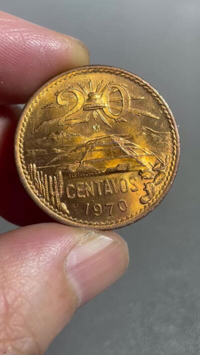 回流0120 全新 墨西哥1970年20分大铜币金字塔28.6mm