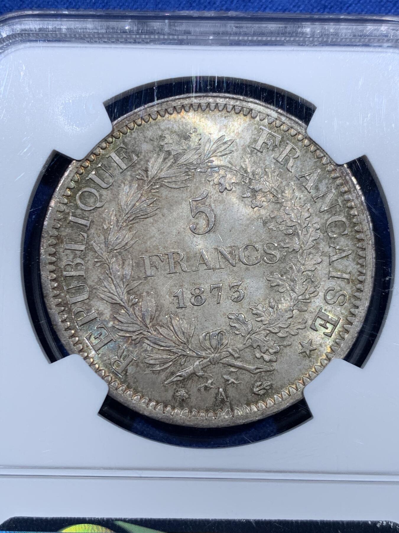 《竞宝斋》第459场 周日，周一，2场连拍 （全场包邮）欢迎送拍 NGC MS64 法国 1873年 大力神 5法郎 银币 底板强光+原味包浆 好状态的经典品种 不容错过