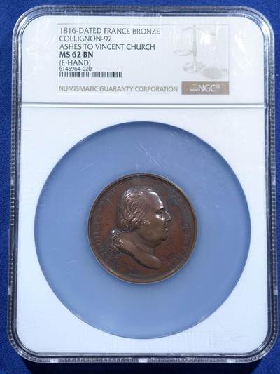 《竞宝斋》第459场 周日，周一，2场连拍 （全场包邮）欢迎送拍 - NGC MS62BN 法国宗教庆典仪式-1816年圣人遗骨从世俗之地迁入神圣教堂纪念铜章 正面路易十八头像 手指边铭 加大盒