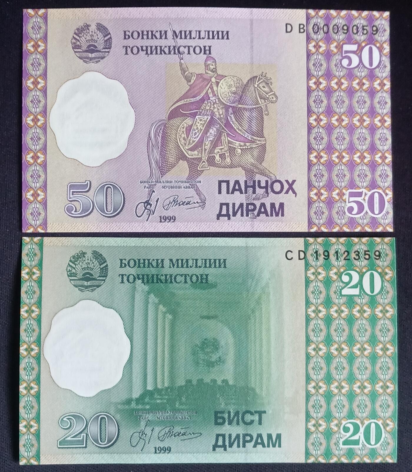 【游宝拍卖】乙巳蛇年第109期 佣金1元起 塔吉克斯坦-50/20/5/1迪拉姆【1999年 全新UNC/UNC-】