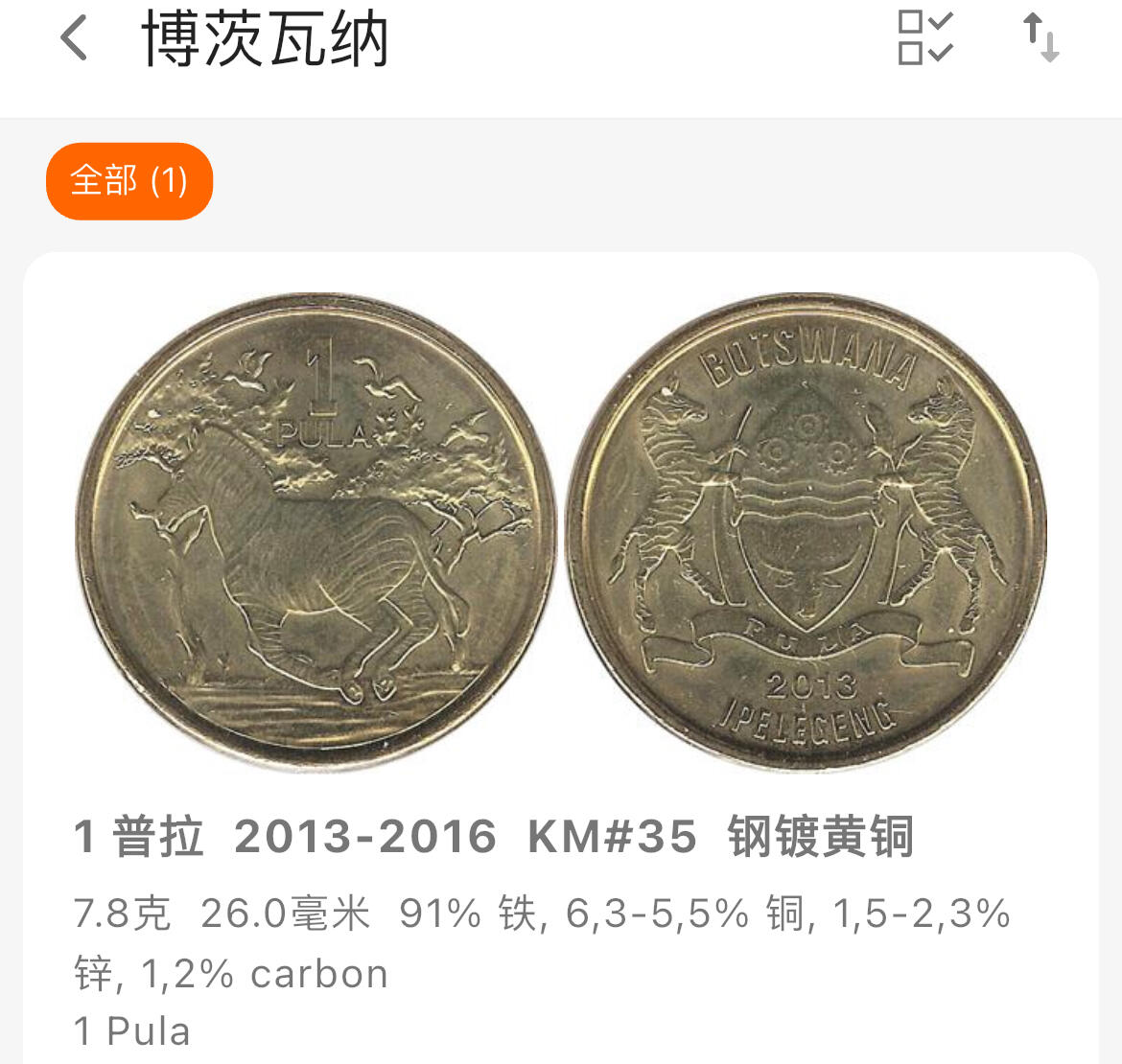 回流0120 博茨瓦纳2013年1普拉硬币 斑马🦓