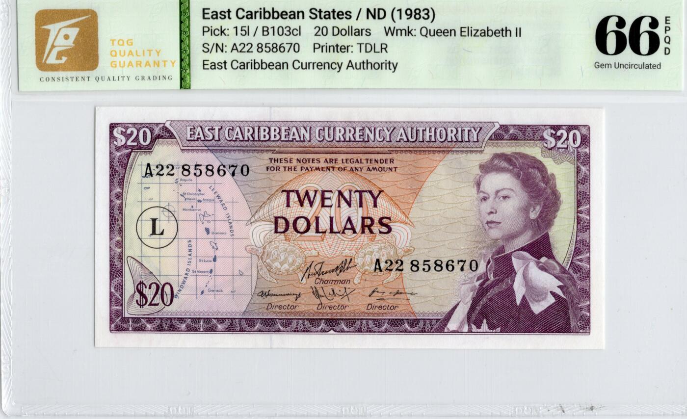 喜羊羊钱币收藏2026第14期(评级币场) 	东加勒比/圣卢西亚	P-15l 1965年20元		66E				A22 858670			