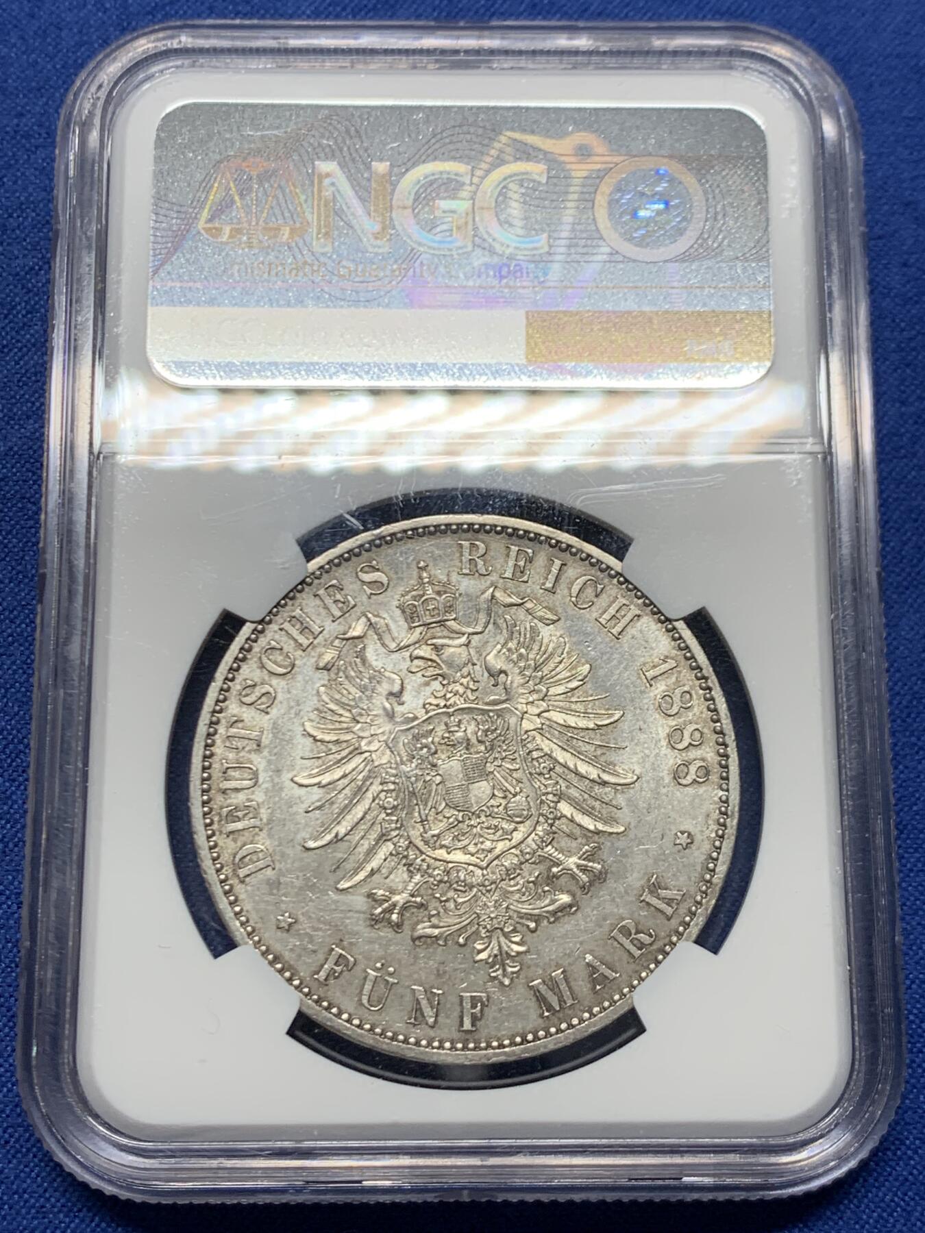 《竞宝斋》第459场 周日，周一，2场连拍 （全场包邮）欢迎送拍 NGC AU58 德国普鲁士三皇之年1888年弗里德里希三世5马克大银币