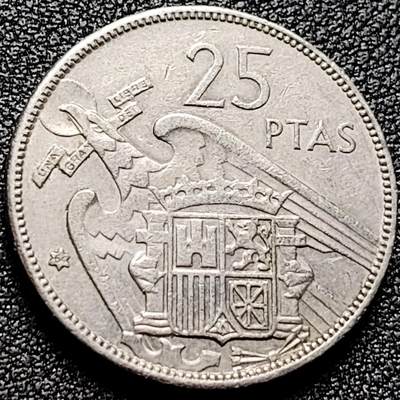 泉币菌-第172场- 精品福利场 - 西班牙1957年25比萨塔 佛朗哥头像 铜镍币 26.5mm 