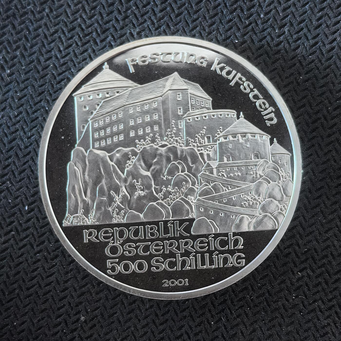 道一币馆币章第一百六十四场 奥地利2001年库夫施泰因古堡500先令精制银币 24g 925s