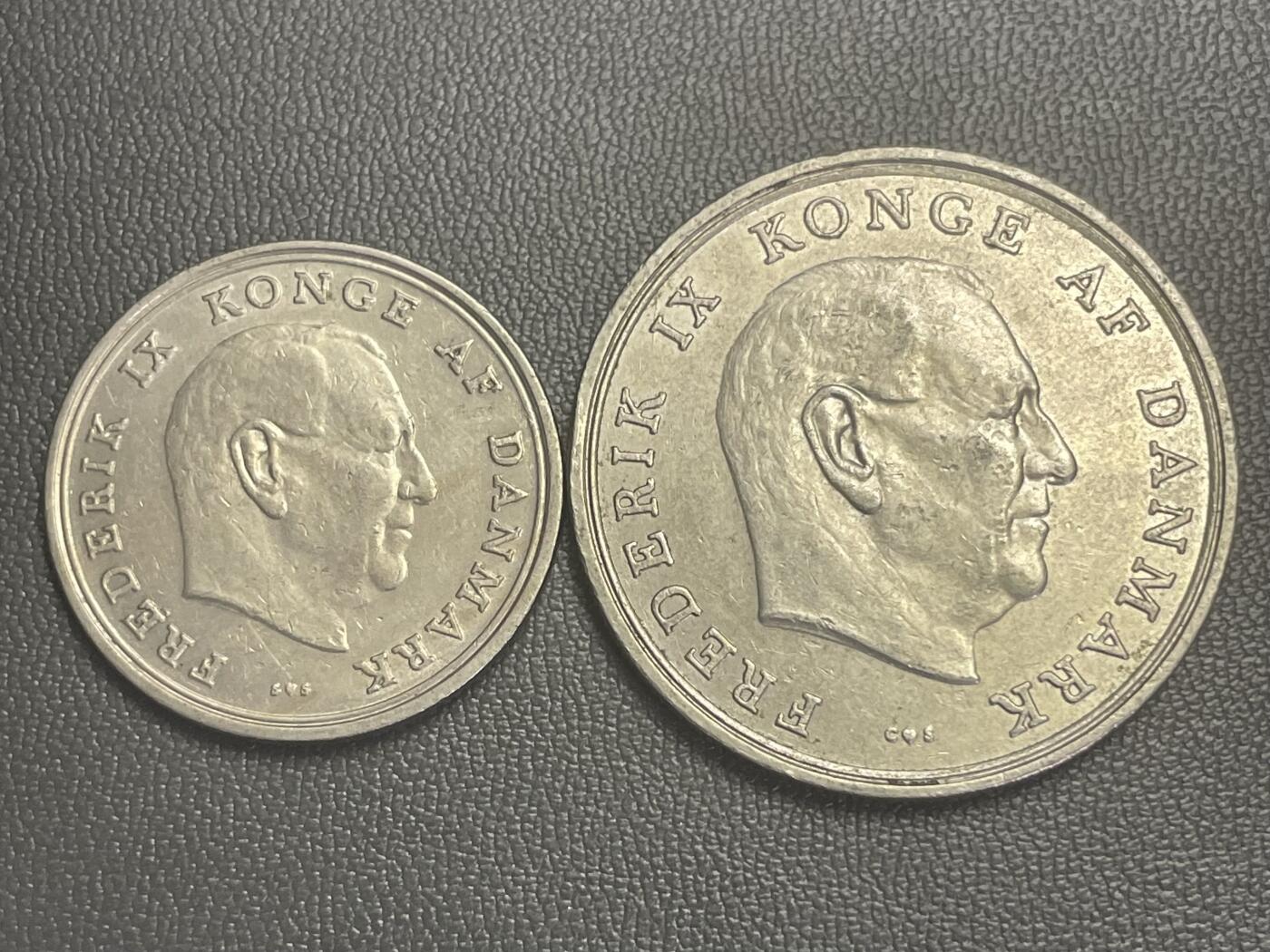 回流0120 丹麦70年代弗雷德里克九世时期1克朗、5克朗铜镍币