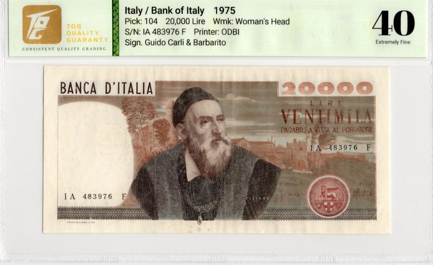 喜羊羊钱币收藏2026第13期(高性价比评级币场) 	意大利	P-104 1975年20000里拉			40				IA483976F			