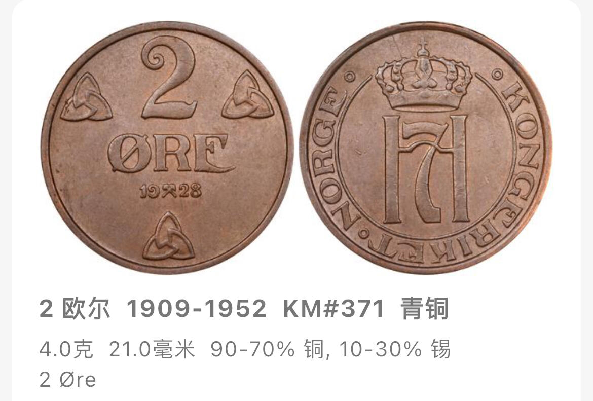 回流0120 挪威1936年2欧尔铜币 哈康七世王冠