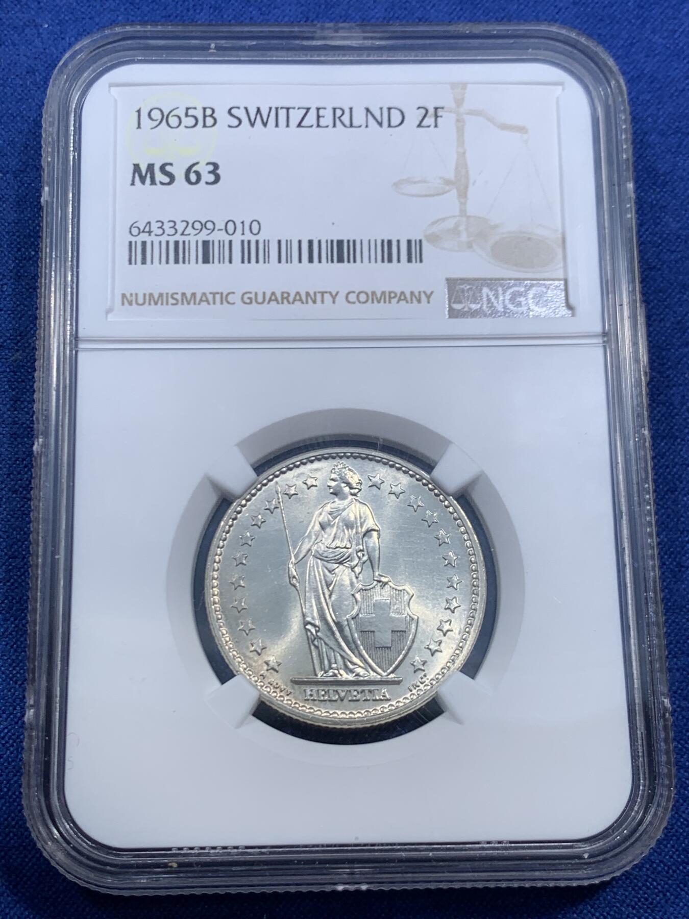 《竞宝斋》第459场 周日，周一，2场连拍 （全场包邮）欢迎送拍 两枚一组 NGC MS63 瑞士1964/1965年女神半法郎/2法郎银币