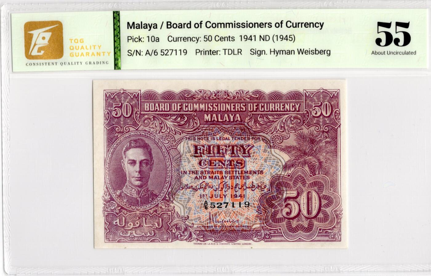 喜羊羊钱币收藏2026第13期(高性价比评级币场) 	马来亚	P-10a 1941年50分			55				A/6 527119			