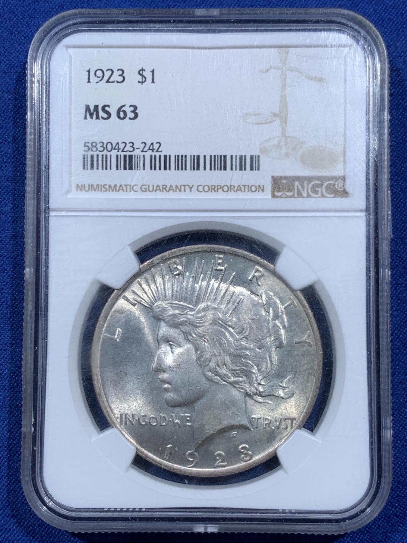 《竞宝斋》第459场 周日，周一，2场连拍 （全场包邮）欢迎送拍 NGC MS63 美国 1923年 和平 1美元 银币