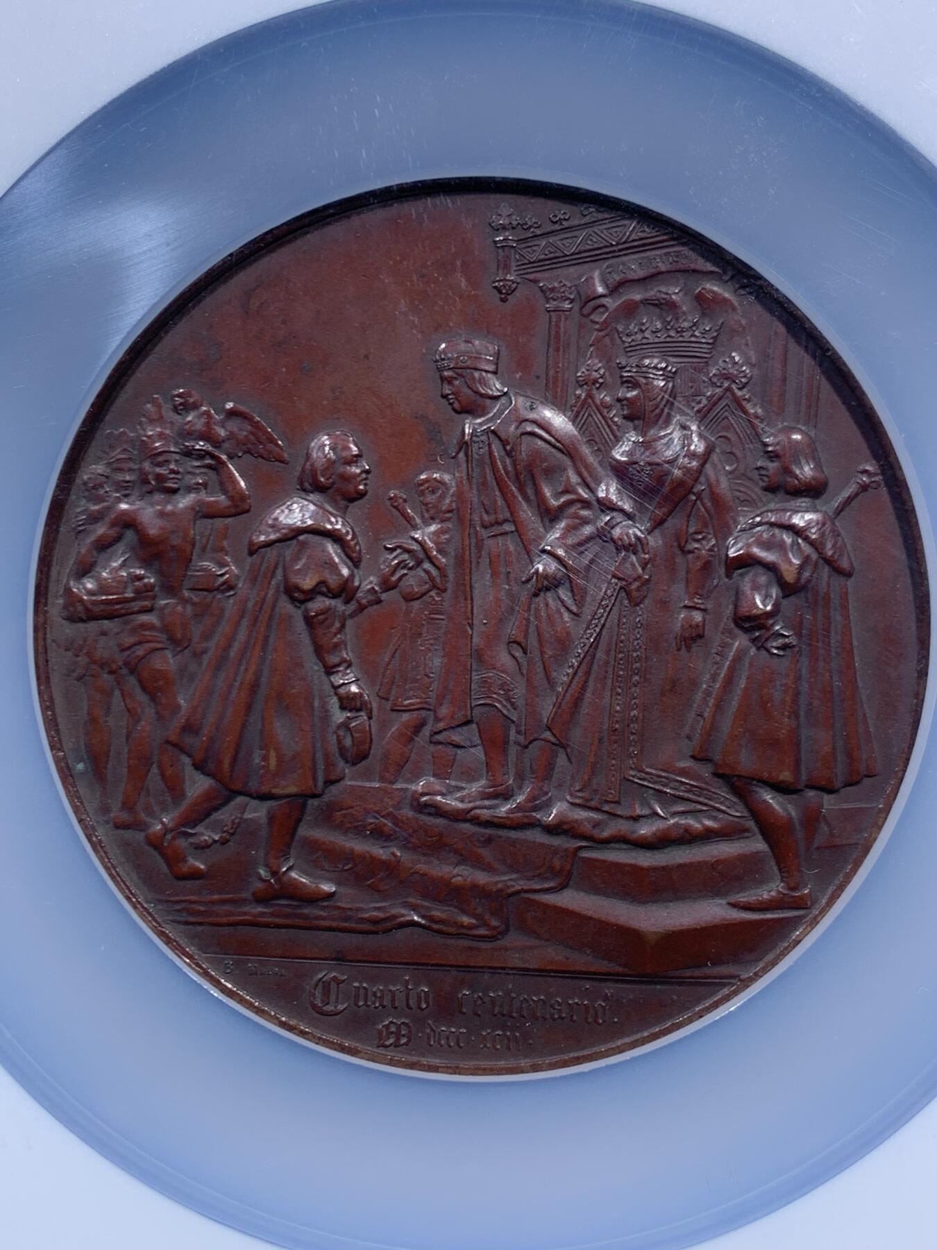 《竞宝斋》第459场 周日，周一，2场连拍 （全场包邮）欢迎送拍 NGC MS61BN 1892年 哥伦布 发现美洲纪念章 加大加厚盒装