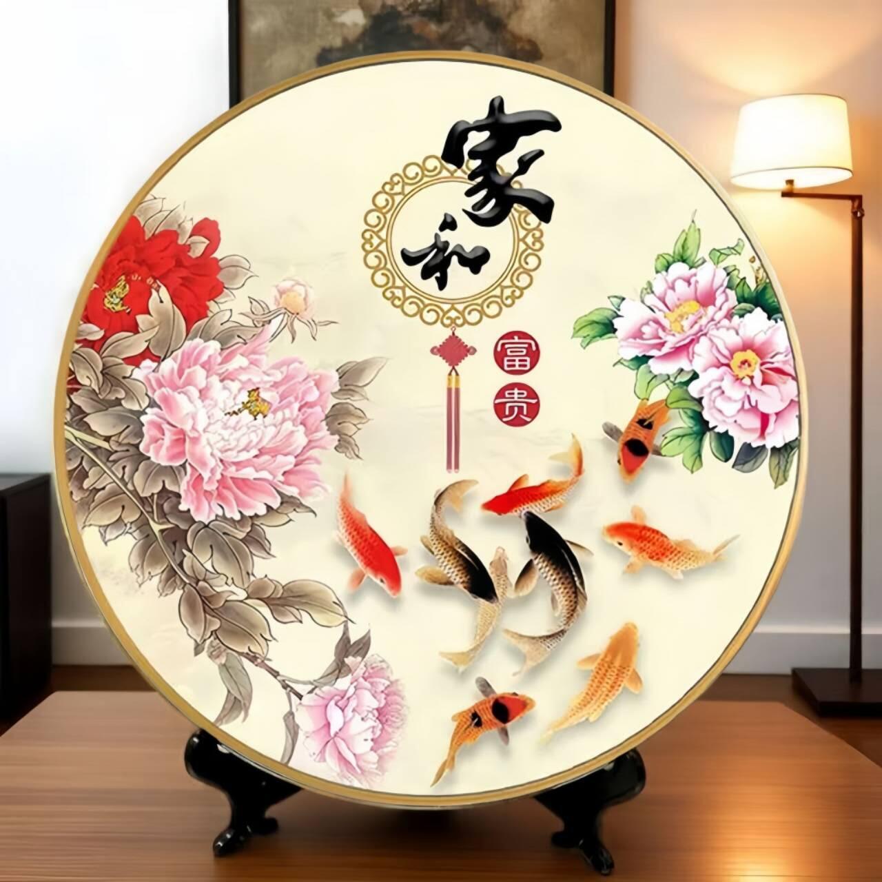 开心放漏，新年红包 客厅摆件旺宅酒柜牡丹花装饰电视柜百财书房带支架圆盘乔迁送礼