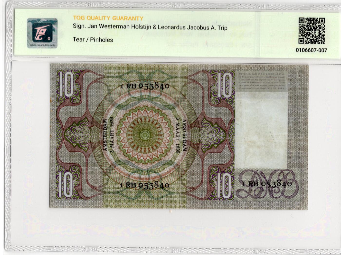 喜羊羊钱币收藏2026第13期(高性价比评级币场) 	荷兰	P-49 1939年10盾		30				1RB053840			