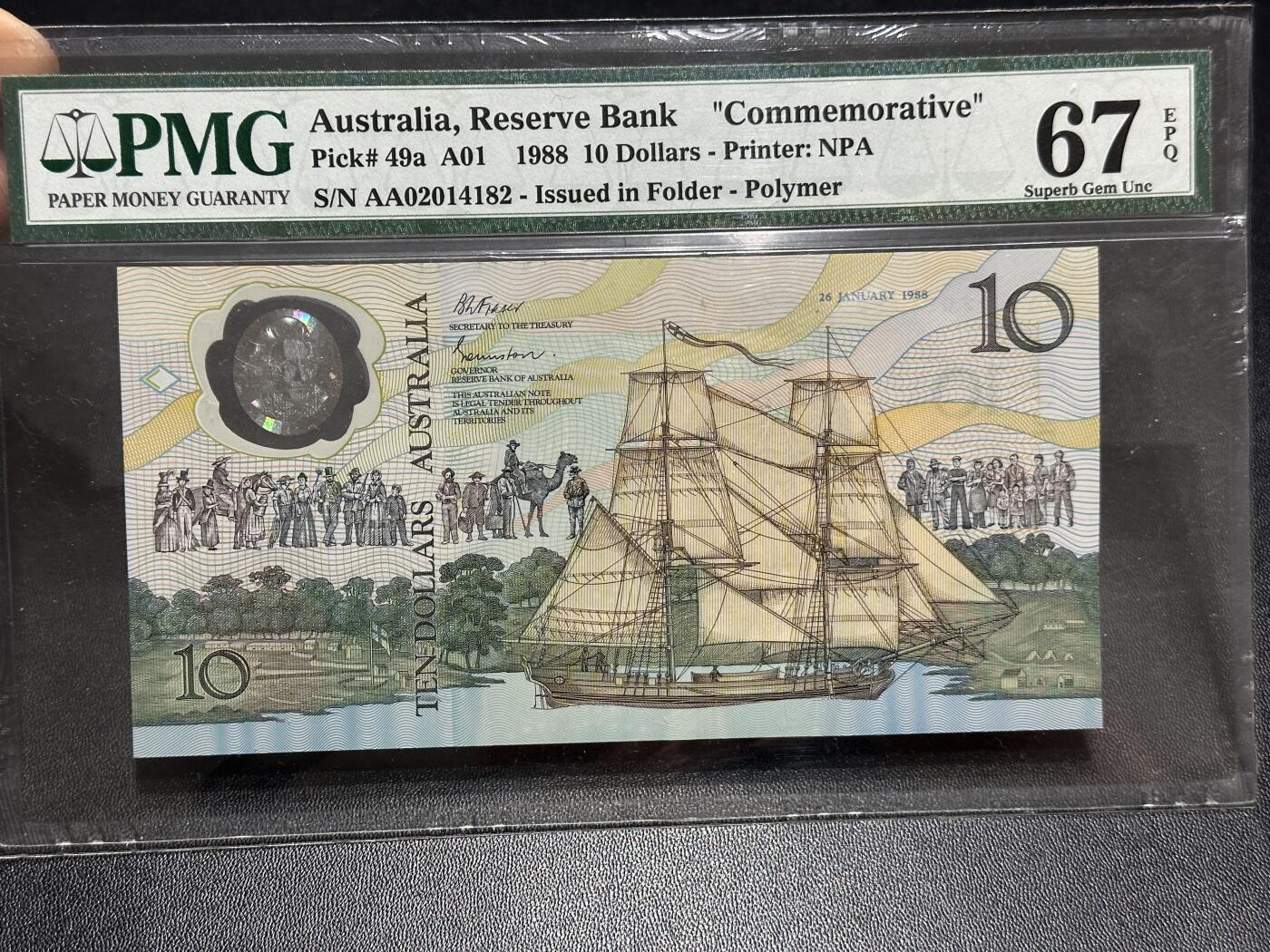《外钞收藏家》第六百零三期（精选场）（本平台长期征集拍品、欢迎藏友们联系合作） 1988年澳大利亚10元 塑料钞 AA冠 纪念钞 PMG67