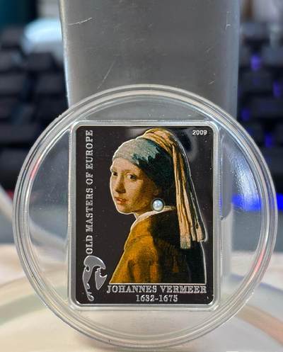 库克2009戴珍珠耳环的少女弗美尔镶珍珠矩形银币25克，925银镶嵌珍珠，发行5000枚【银价500元】 - 库克2009戴珍珠耳环的少女弗美尔镶珍珠矩形银币25克，925银镶嵌珍珠，发行5000枚【银价500元】