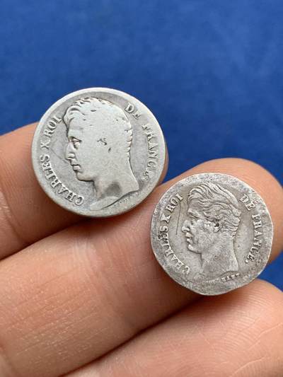 《竞宝斋》第459场 周日，周一，2场连拍 （全场包邮）欢迎送拍 - 两枚一组 法国1829年查理十世1/4法郎+1/2法郎银币，法郎辅币少见。