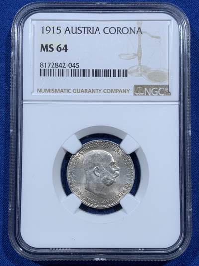 《竞宝斋》第459场 周日，周一，2场连拍 （全场包邮）欢迎送拍 - NGC MS64 奥地利 1915年 1克朗 银币 光感十足