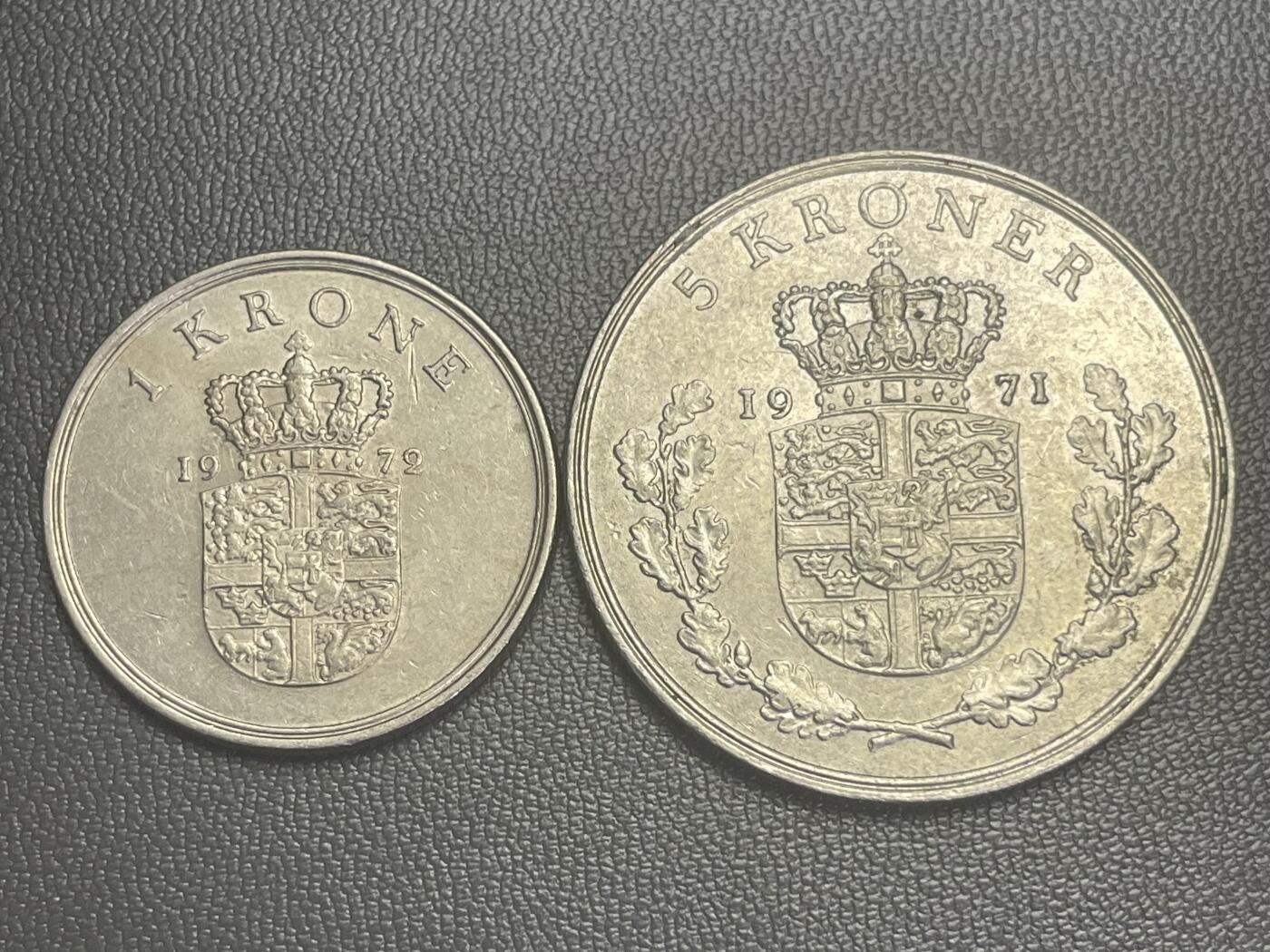 回流0120 丹麦70年代弗雷德里克九世时期1克朗、5克朗铜镍币