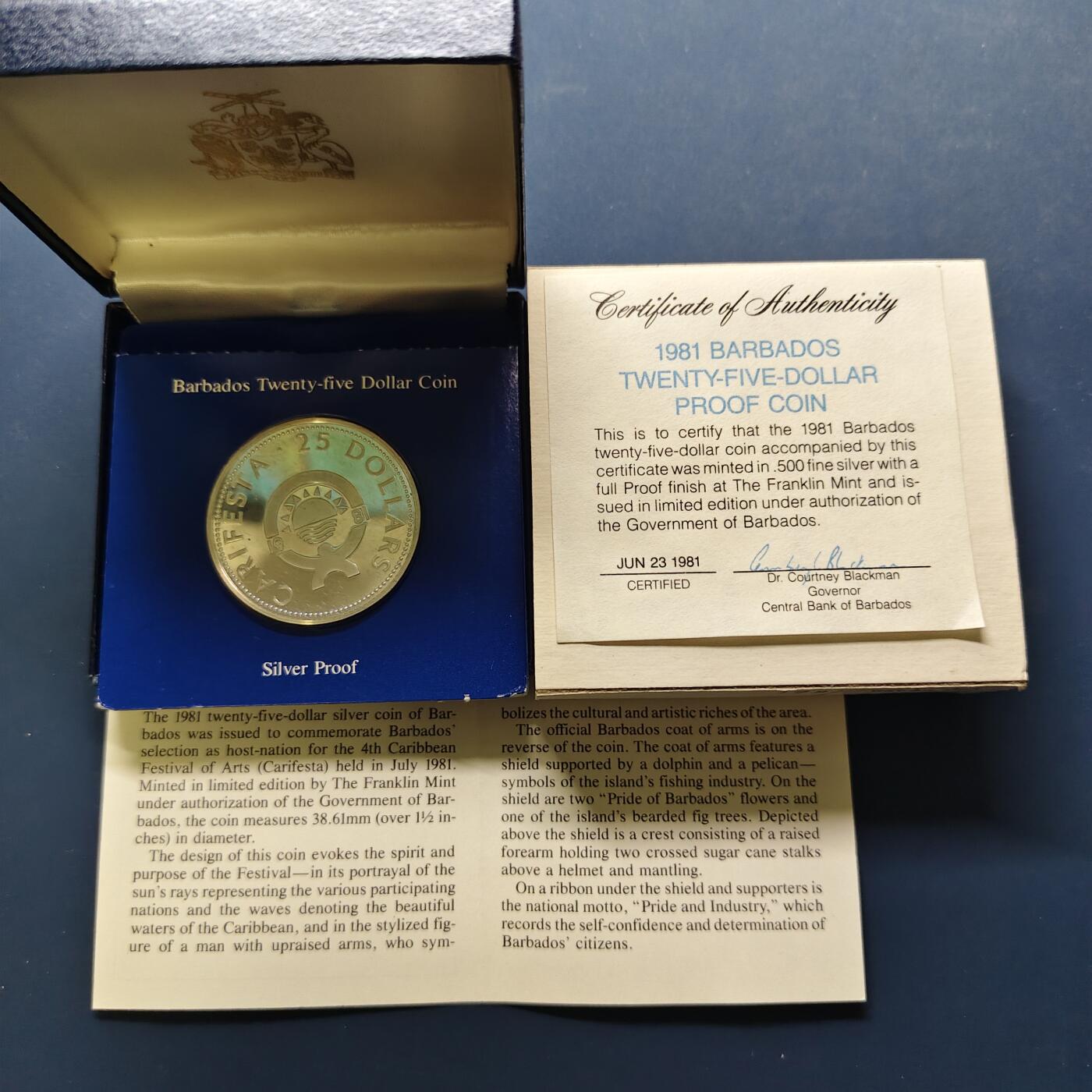 【全场包邮】纯粹捡漏拍497场-持续更新中 【稀少】巴巴多斯1981年25元加勒比艺术节精制纪念银币【38.61毫米28.28克50%】-盒证全-量1008