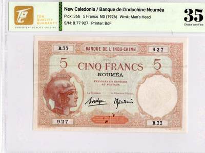 喜羊羊钱币收藏2026第13期(高性价比评级币场) - 	新喀里多尼亚	P-36b 1926年5法郎			35				B.77 927			