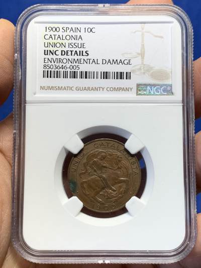 《竞宝斋》第459场 周日，周一，2场连拍 （全场包邮）欢迎送拍 - NGC UNC 1900年 西班牙加泰罗尼亚联盟铜质纪念代币 非常少见的品种 马剑设计很好看 品相不错 加泰罗尼亚联盟，该组织成立于1891年，是加泰罗尼亚地区兼具文化与政治属性的民族主义团体，旨在捍卫加泰罗尼亚的民事法律与文化自治权