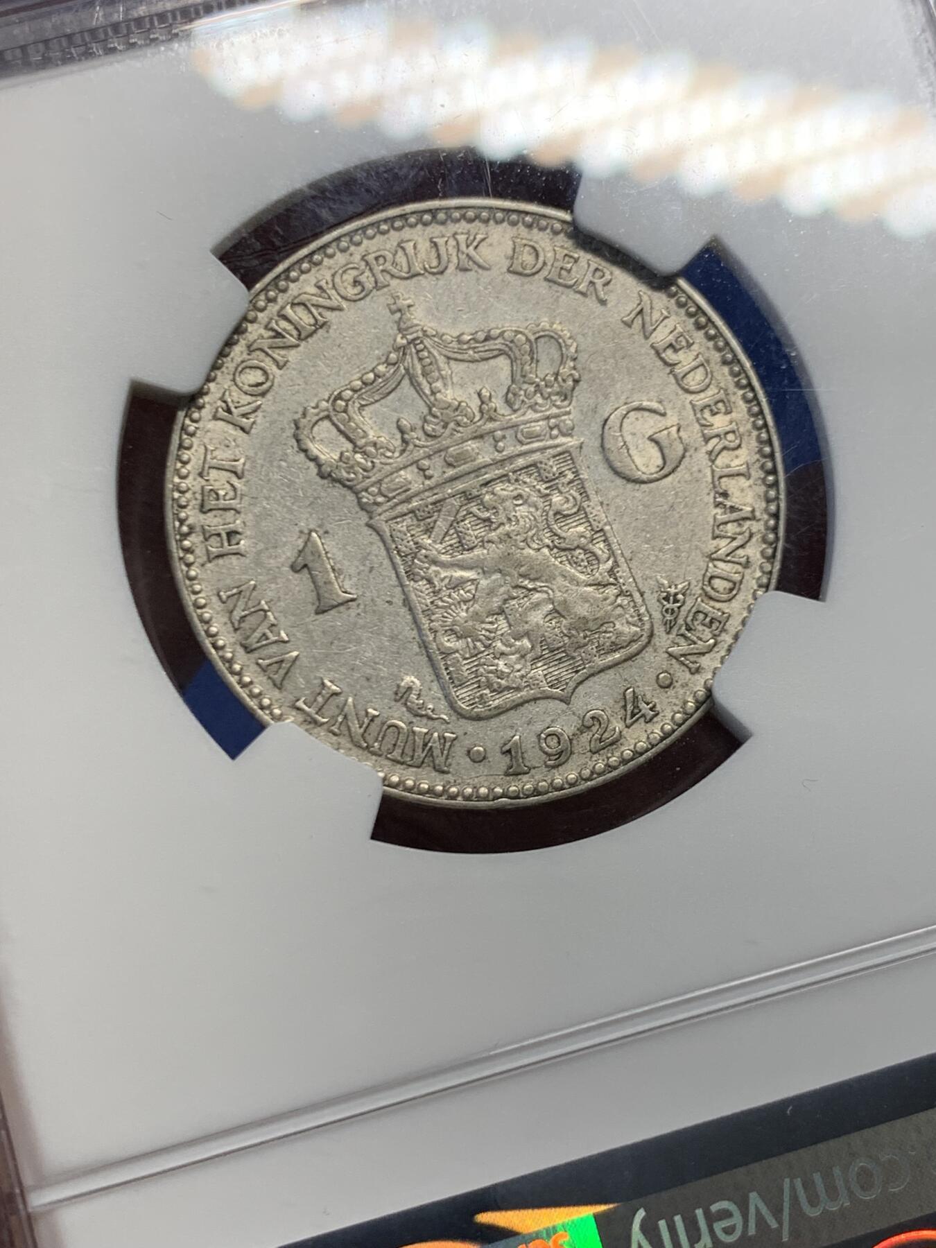 《竞宝斋》第459场 周日，周一，2场连拍 （全场包邮）欢迎送拍 NGC AU50 荷兰1924年女王1盾 少见早期20年代的年份