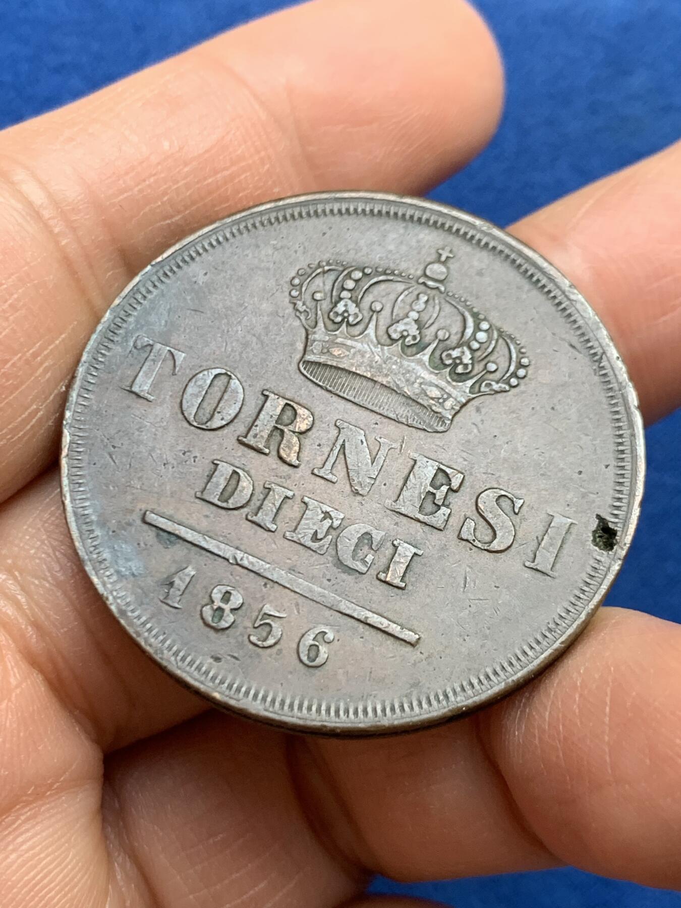 《竞宝斋》第459场 周日，周一，2场连拍 （全场包邮）欢迎送拍 意大利两西西里王国1856年费迪南德二世10托尔内西铜币