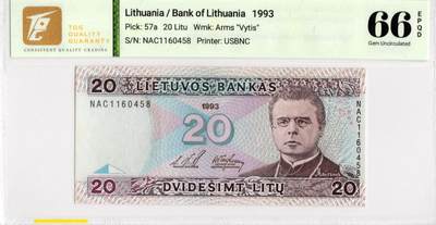 喜羊羊钱币收藏2026第14期(评级币场) - 	立陶宛	P-57a 1993年20立特			66E				NAC1160458			