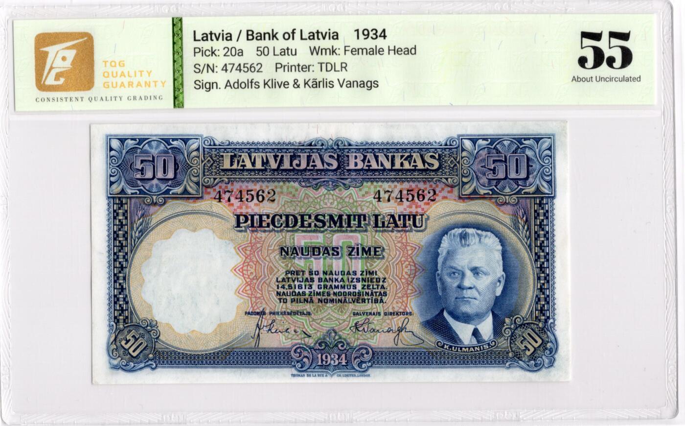 喜羊羊钱币收藏2026第13期(高性价比评级币场) 	拉脱维亚	P-20a 1934年50拉图		55				474562			