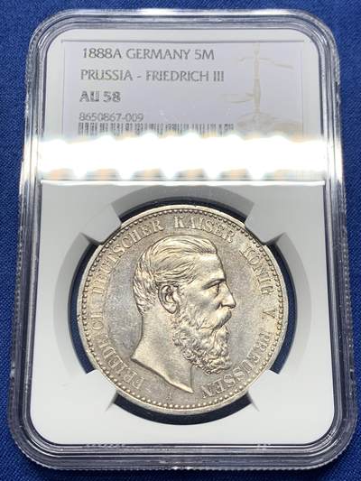 《竞宝斋》第459场 周日，周一，2场连拍 （全场包邮）欢迎送拍 - NGC AU58 德国普鲁士三皇之年1888年弗里德里希三世5马克大银币