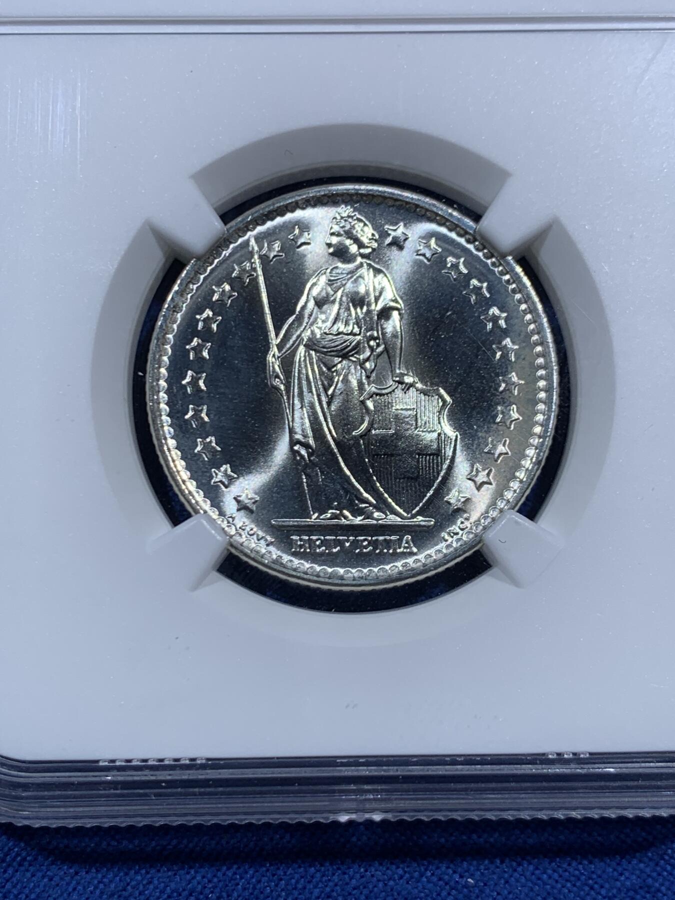 《竞宝斋》第459场 周日，周一，2场连拍 （全场包邮）欢迎送拍 NGC MS65 瑞士 1965B 2法郎银币