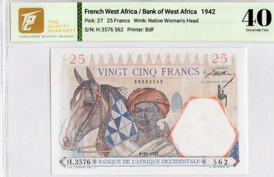 喜羊羊钱币收藏2026第13期(高性价比评级币场) - 	法属西非	P-27d 1942年25法郎			40				H.3576 562			