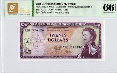 喜羊羊钱币收藏2026第14期(评级币场) - 	东加勒比/安提瓜	P-15h 1965年20元			66E				A28 370470			