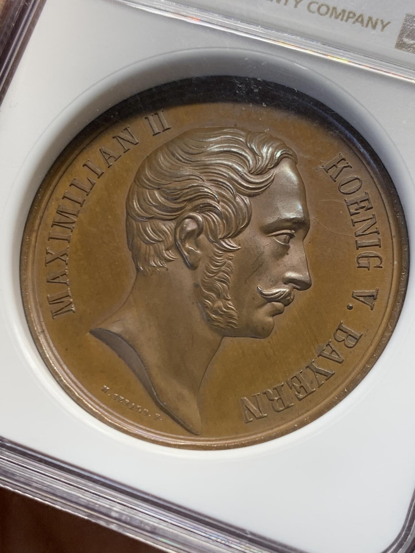 《竞宝斋》第459场 周日，周一，2场连拍 （全场包邮）欢迎送拍 NGC MS64BN 德国巴伐利亚 马克西米安二世  博览会纪念铜章 加厚盒装