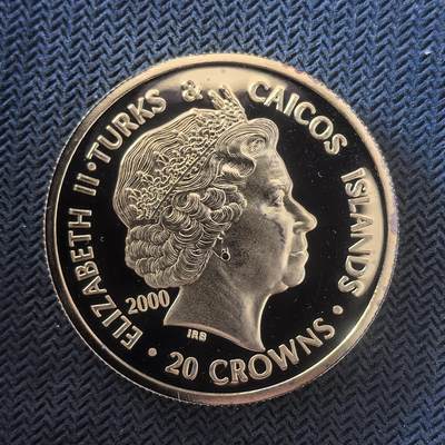 道一币馆币章第一百六十四场 - 特克斯科斯群岛2000年伊丽莎白王太后百岁寿辰20克朗镀金银币  31.4g 999s